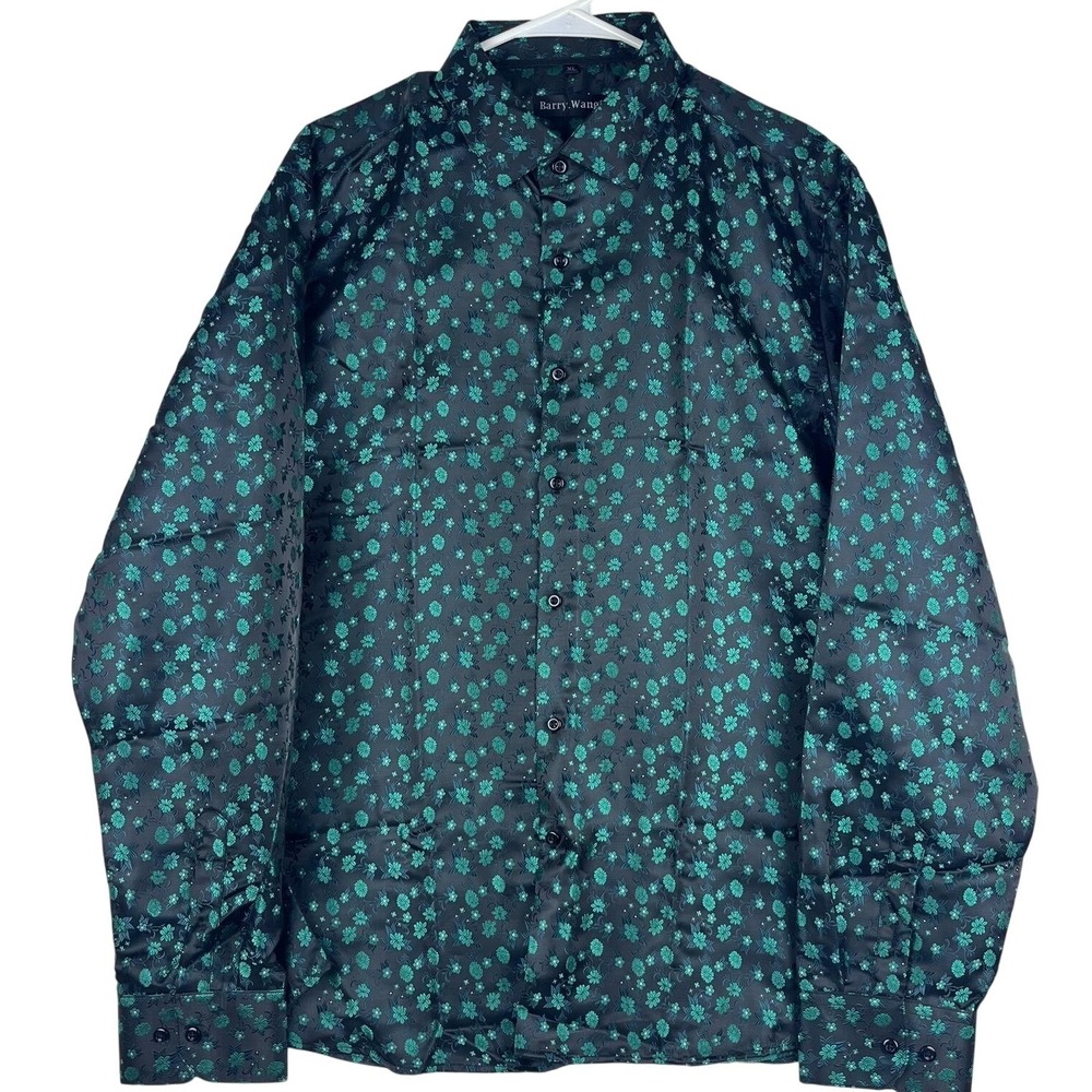 Barry Wang Floral Button Down Shirt Mens XL Black Emerald Green NWT
